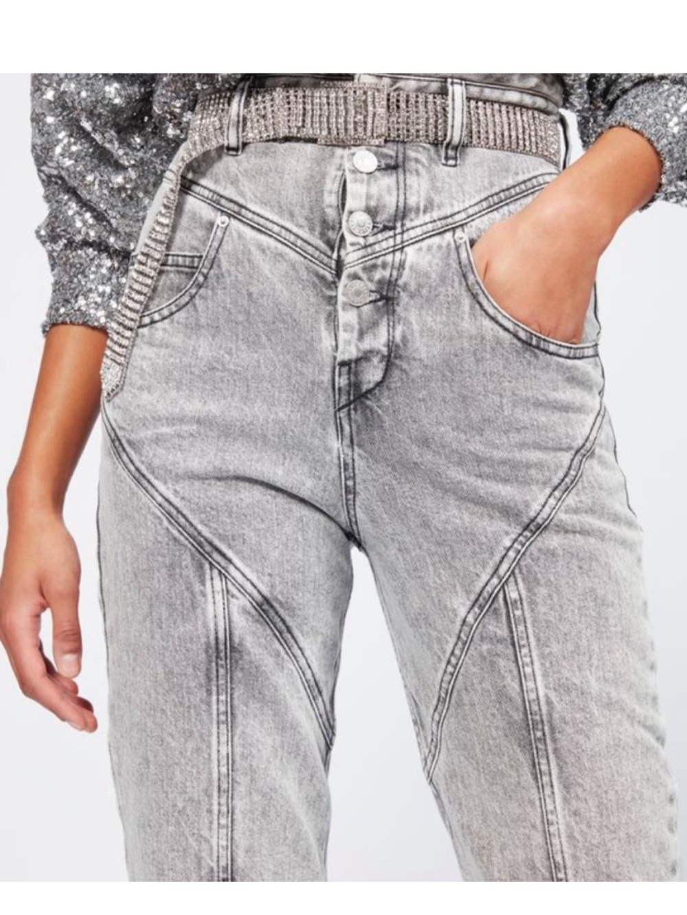 Isabel Marant Rei Jeans High Rise Tapered Leg Acid Wash Black Gray Size 42 / 10